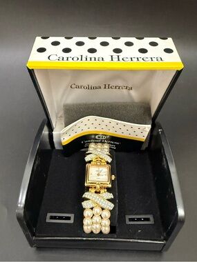 CAROLINA HERRERA Faux Pearl X Pave Rhinestones Gold-tone Watch